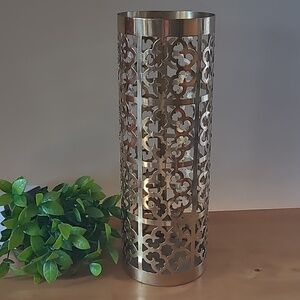 LACQUERED BRASS Laser Cut Out Pierced Cylindrical Metal Vase Pillar Candleholder